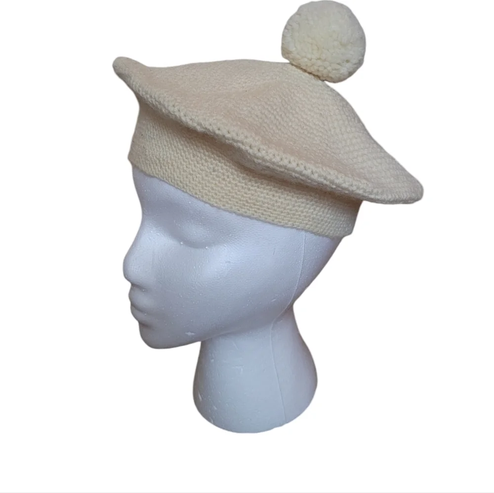 Vintage Cream Knit Pom Pom Beret - Picture 3 of 5